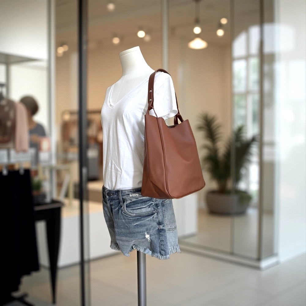 Simple Vegan Leather Travel Tote Bag! Camel Brown - Picture 7 of 7